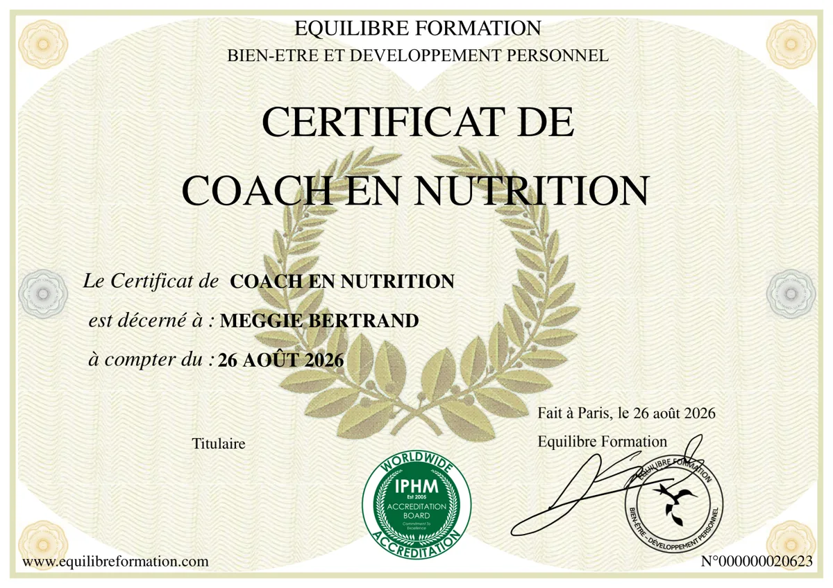 Certificat de Coach en nutrition décerné à Meggie Bertrand par Equilibre Formation le 26 août 2026
